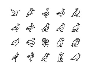 Birds Vector Icon Set | Adjustable Line Weight | Owl, dove, raven, parrot, penguin, duck, goose, pelican, flamingo, swan, pigeon, seagull, toucan