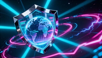 Chrome cyber shield protecting glowing holographic Earth, futuristic global data protection visualizationchrome, cyber, shield, protecting, glowing, holographic, earth, futuristic, global, data, prote