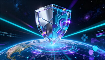 Chrome cyber shield protecting glowing holographic Earth, futuristic global data protection visualizationchrome, cyber, shield, protecting, glowing, holographic, earth, futuristic, global, data, prote