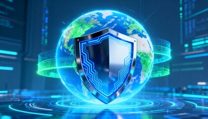 Chrome cyber shield protecting glowing holographic Earth, futuristic global data protection visualizationchrome, cyber, shield, protecting, glowing, holographic, earth, futuristic, global, data, prote