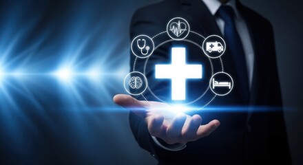 Medical technology concept with a glowing plus sign and health icons around it