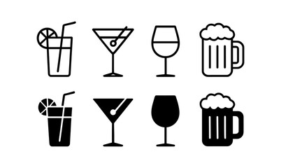 Minimalist beverage icons: cocktails, beer, wine in flat and outline styles