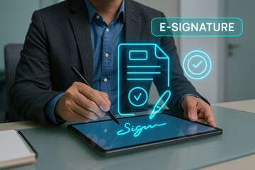 E-signature process for business transactions office setting digital document management professional environment close-up view efficient workflow