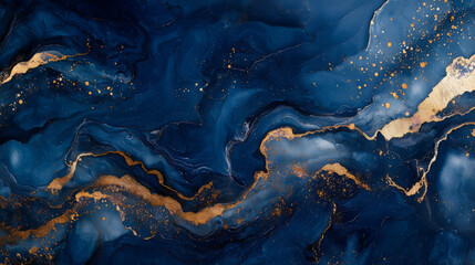 Elegant Navy Blue Marble Texture with Golden Glittering Accents Abstract Background