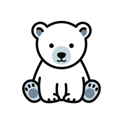 Adorable cartoon polar bear cub sitting patiently with a friendly expression isolated on white background