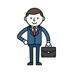 Cartoon businessman in a blue suit and red tie holding a briefcase isolated on white background