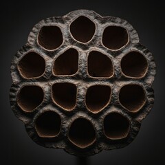 Dried lotus seed pod with empty seed holes on a dark background.