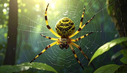 A colorful spider sits in its web in a sunny forest setting. The sunlight shines through the leaves