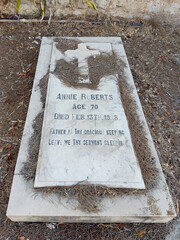 Haifa, Israel, 12 June 2025, at the Protestant Cemetery. The inscription on the gravestone reads. Annie Roberts.
 Epitaph: Father in thy gracious keeping, leave we thy servant sleeping.