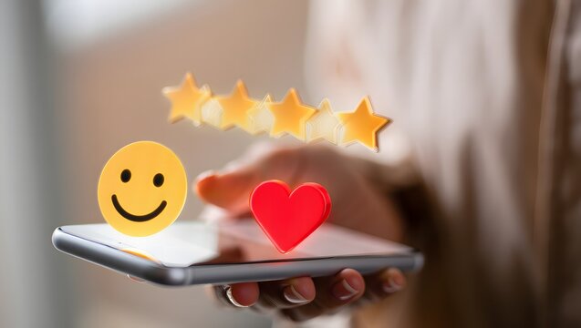 Customer feedback and rating with emojis and stars on a smartphone
