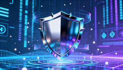 Cyber shield icon in chrome metal texture, holographic security interface, data protection technology