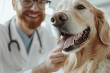 Portrait of a young veterinarian in glasses gently petting a noble, healthy Golden Retriever in a modern veterinary clinic. Warm moment of care and trust between pet and professional.