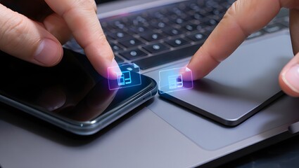 Fingers touching fingerprint scanners on smartphone and laptop for security