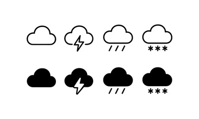Set of simple weather icons: cloud, lightning, rain, snow in outline and solid styles