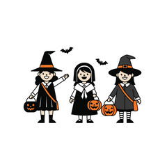 Three children in halloween costumes holding pumpkin buckets with bats flying above isolated on white background