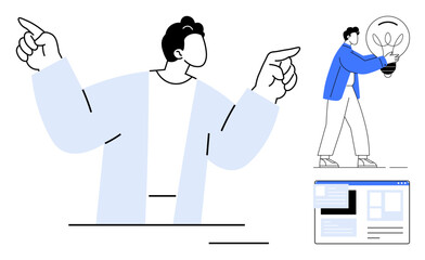 Abstract person gesturing with both hands, another carrying a glowing lightbulb, and a web interface. Ideal for creativity, teamwork, innovation, leadership, brainstorming, design business strategy