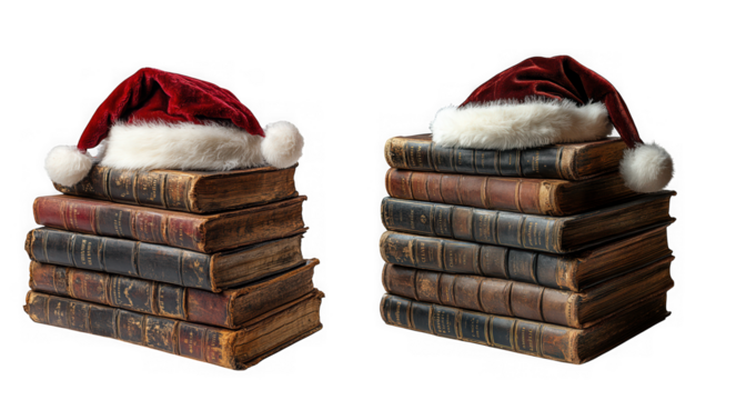 Two stacks of antique books wearing santa hats isolated on transparent background