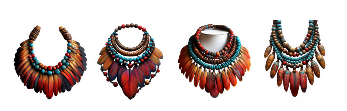 Four tribal necklaces made of feathers and beads isolated on transparent background