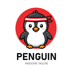Cute Penguin Mascot with Red Headband on Red Circle Backdrop Design