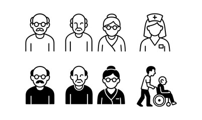 Obraz premium Healthcare and elderly care icons featuring seniors and nurse in simple style
