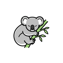 Cute cartoon koala bear sleeping peacefully on a green eucalyptus branch isolated on white background