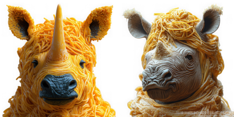 Two whimsical rhino sculptures made of yellow pasta isolated on transparent background