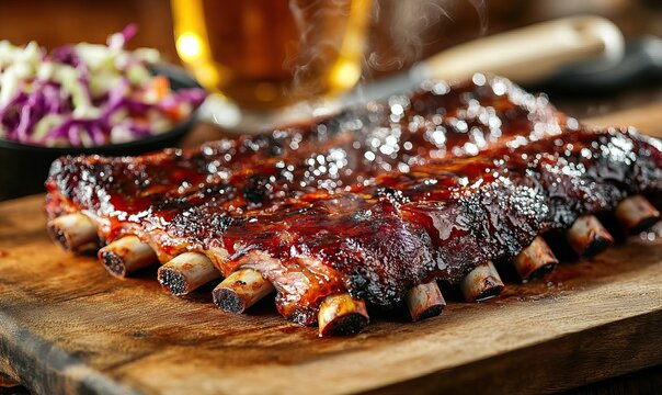 Delicious smoked barbecue ribs with coleslaw and a glass of beer, wooden board.