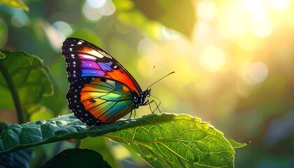 Fototapeta premium Vibrant butterfly resting on a leaf, bathed in sunlight