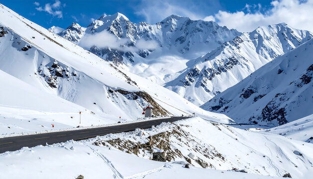 Snow-covered mountain range with a winding paved road through the valley, under a partly cloudy sky, capturing the serene grandeur of a high-altitude winter landscape. - Powered by Adobe