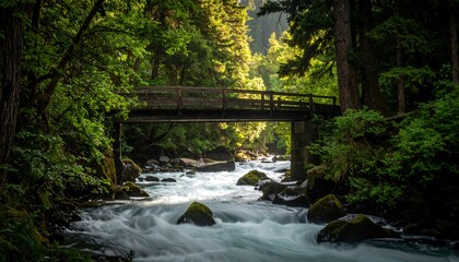 A long exposure of a flowing river beneath a wooden bridge, set in a lush, verdant forest. Sunlight filters