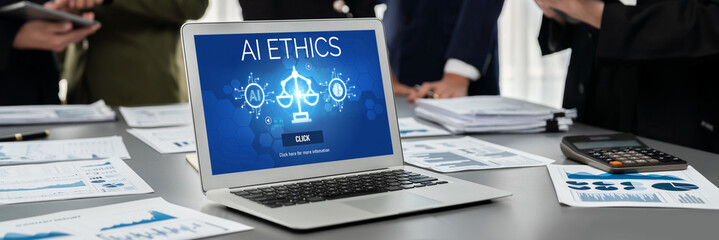AI ethics responsibility standard law and rules on computer screen provide report of AI ethic...