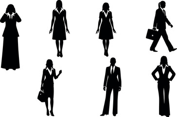 Businesswoman and businessman silhouettes in professional attire, diverse poses, corporate fashion, career concept, office people vector illustration set