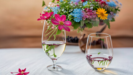 Flowers in glass vase with wine glasses