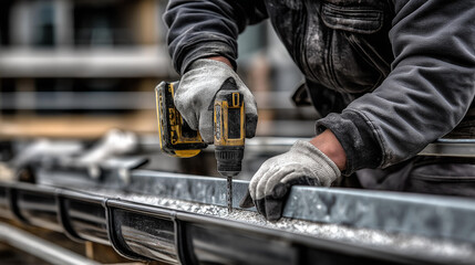 A roofer their gloves thick replaces a gutter on a roof’s edge the gutter’s metal bent. A drill its bit worn buzzes through screws. A ladder its rungs scuffed leans