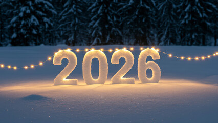 New Year 2026 Celebration in Snow | Glowing Numbers with Fairy Lights in Winter Landscape at Night