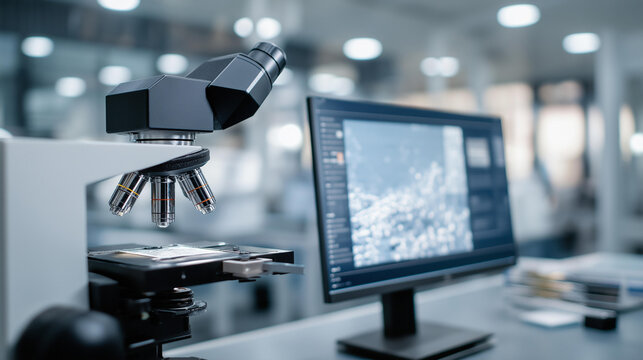 Atomic force microscopes probe surfaces in a nanotechnology lab with cantilevers scanning screens showing topography samples mounted on stages and vibration isolators damping