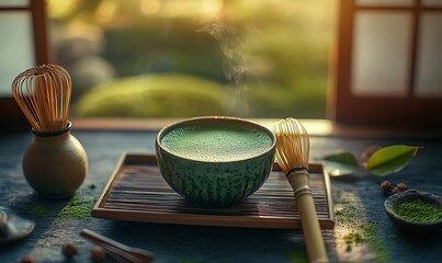 Aromatic matcha tea presented in traditional Japanese style with natural lighting