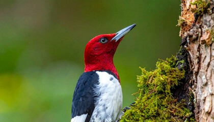 A colorful woodpecker with a vibrant red head, white chest, and black back, perched on a tree trunk against a blurry green background