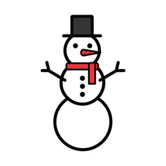 A cheerful cartoon snowman wearing a black hat and red scarf with button eyes and carrot nose isolated on white background
