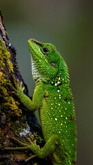 Fototapeta premium Close-up of a vibrant green lizard on a mossy tree trunk