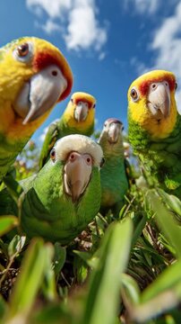 parrots exploring a green field under a bright blue sky near midday