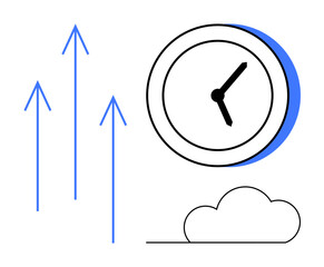 Clock with bold hands beside upward arrows and cloud symbolizing progress, efficiency, and technology. Ideal for productivity, time management, success, growth, planning, innovation modernity