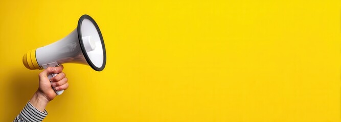 hand holding a megaphone, yellow background with copy space