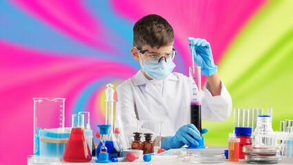 Little child make chemistry science experimental chemistry lessons.