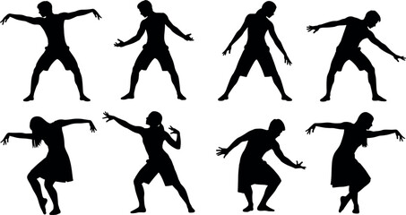 Silhouette dancers in dynamic poses performing contemporary dance moves, expressive body motion, artistic choreography, isolated on white background vector illustration