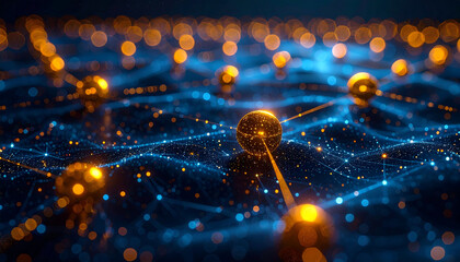 Abstract quantum network with glowing blue waves and golden spheres linked by lines, evoking molecular interaction, data flow, and futuristic connectivity.