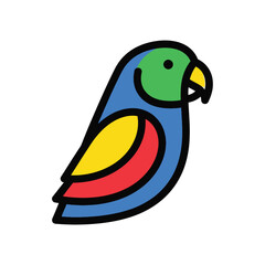 Colorful cartoon parrot with blue body green head yellow beak and red yellow accents isolated on white background