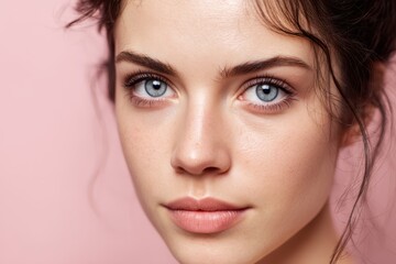 Naklejka premium Young woman with striking blue eyes gazing at camera, soft makeup accentuating natural beauty and light complexion. Hair gently tousled, creating a casual and elegant appearance
