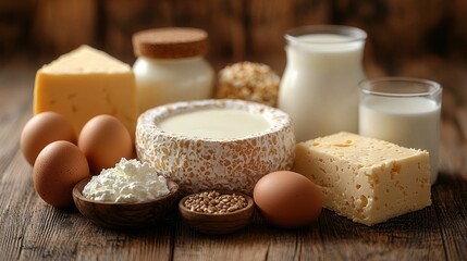 Dairy products, eggs, wooden background, rustic setting, food photography