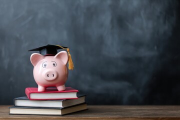 piggy bank with a graduation cap on a stack of books